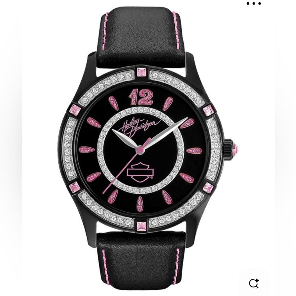Harley-Davidson Women's Pink Label Black Dial Black Leather Strap Crystal Watch